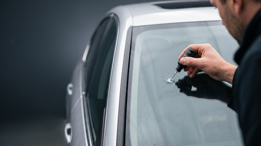 Applying Crestwelly GlassFix resin to a stone chip on a car windshield