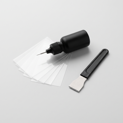 Crestwelly GlassFix windshield repair kit: resin applicator, curing films and razor blade