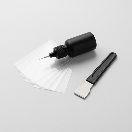 Crestwelly GlassFix windshield repair kit: resin applicator, curing films and razor blade